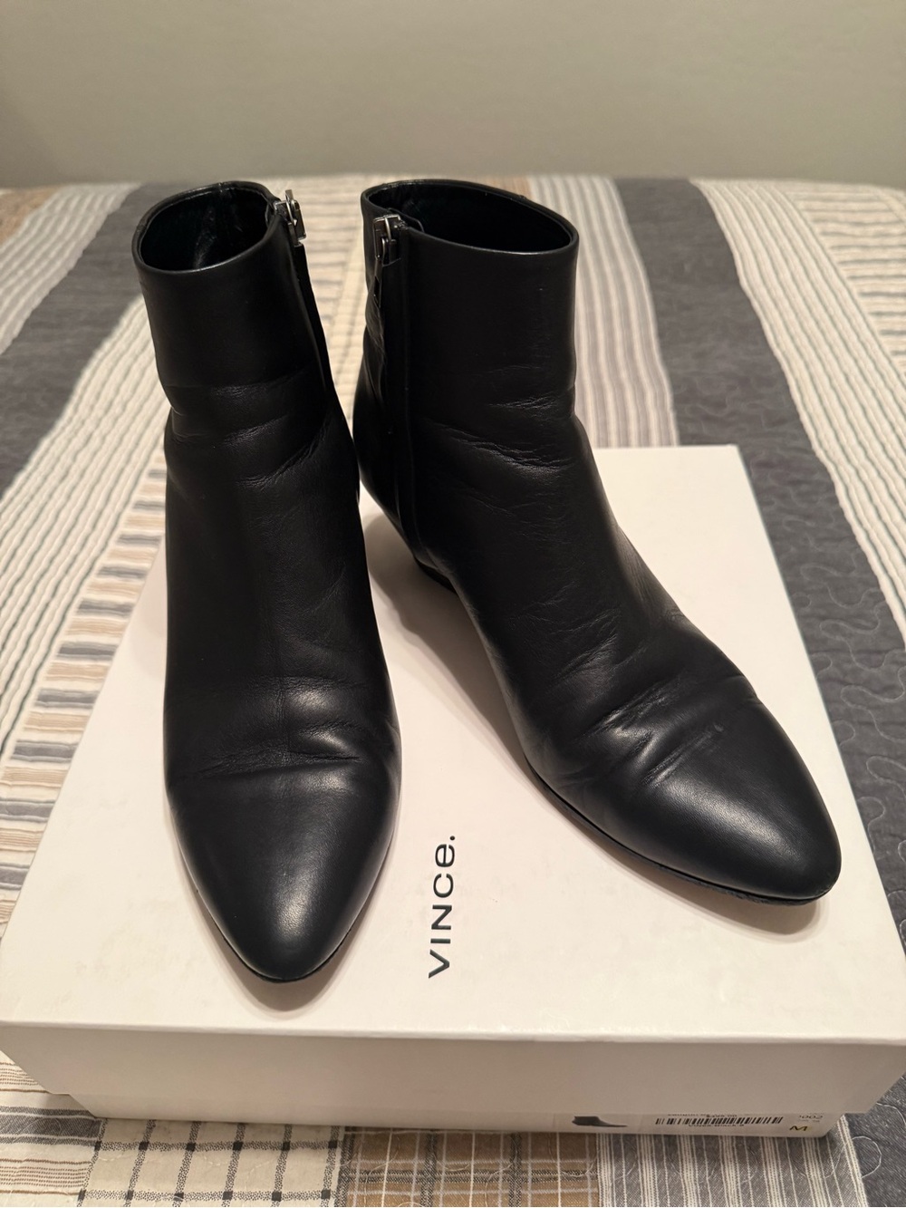 Vaughn by Vince Black Leather Almond Toe Ankle Bootie